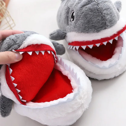 Feerldi Shark Winter Slippers — Cartoon Anime Slip-On Fish Slides for Girls, Boys & Women, Plush Open-Mouth Cotton Shoes