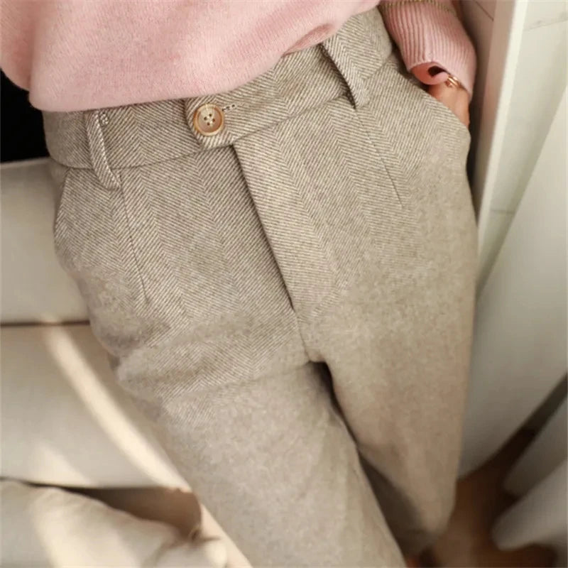 Woolen Harem Pants for Women - High Waisted Casual Pencil Trousers for Autumn/Winter 2024, Perfect for Office and Everyday Wear