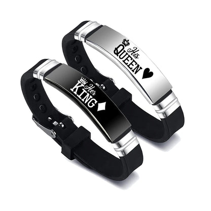 2 Pcs/Set His Queen Her King Couple Bracelets - Stainless Steel Adjustable Silicone Strap Bangles for Valentine's Day Gift