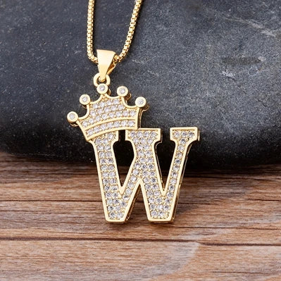 Nidin Luxury A-Z Crown Alphabet Pendant – Copper Zircon Initial Necklace Chain, Hip-Hop Style Jewelry for Men & Women
