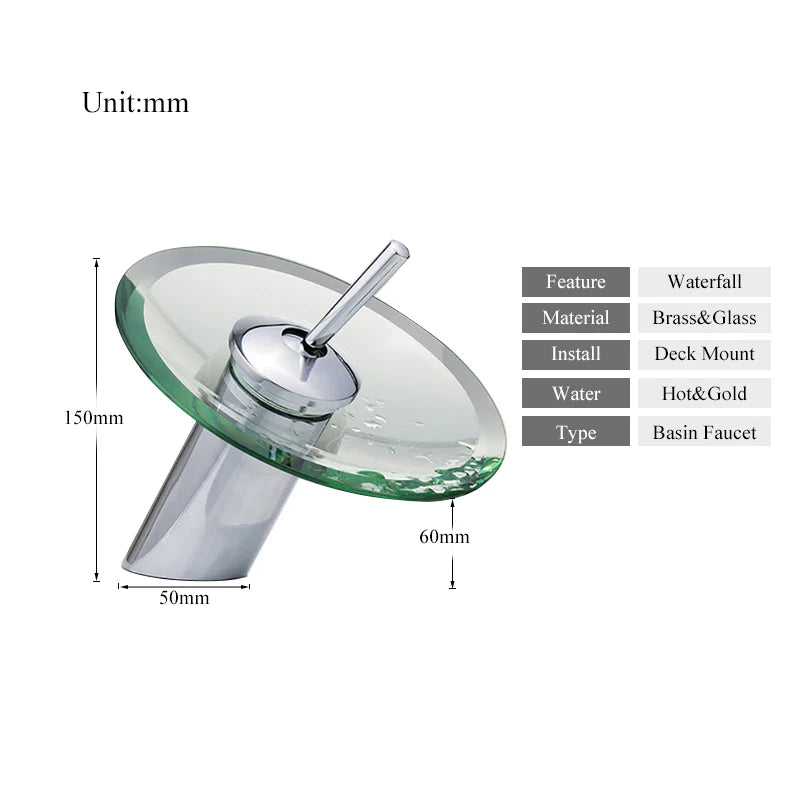 Colorful Glass Waterfall Bathroom Faucet – Chrome Deck Mounted Basin Sink Tap with Single Lever Mixer