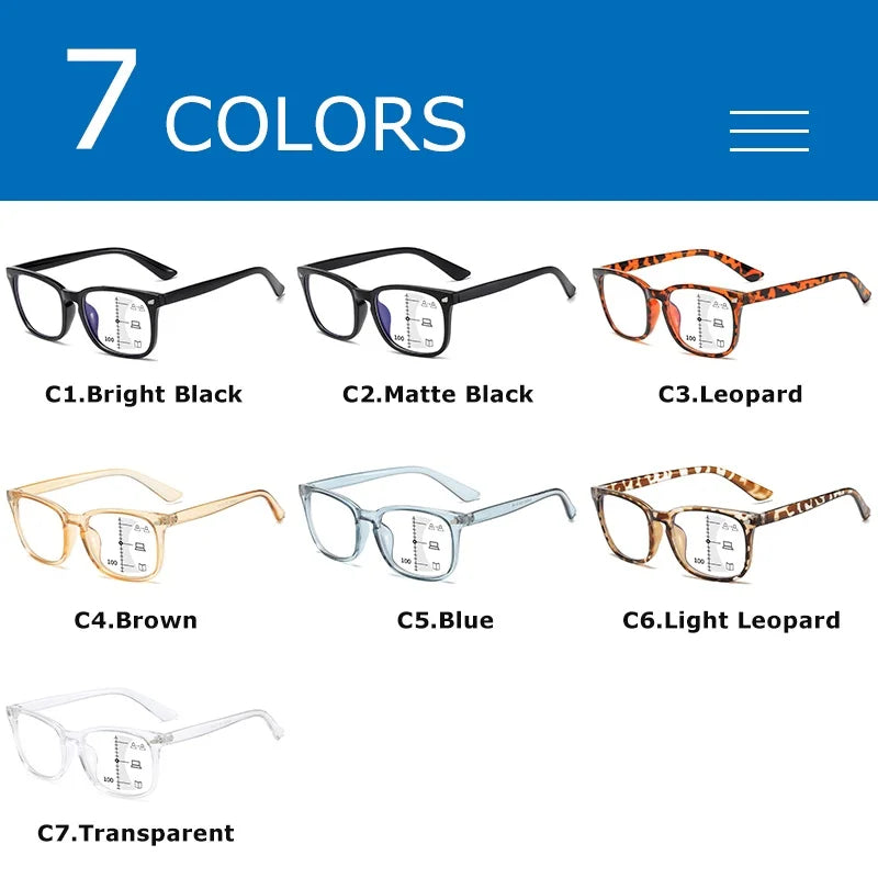 CRIXALIS Square Progressive Reading Glasses – Multifocal Anti-Glare Computer Eyewear for Men & Women, UV400 Protection