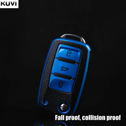 Leather TPU Car Key Case Cover for Volkswagen & Skoda – Fits Polo, Golf, Passat, Tiguan, Beetle, Caddy, T5, Up, Eos, Octavia, Seat Leon, Altea
