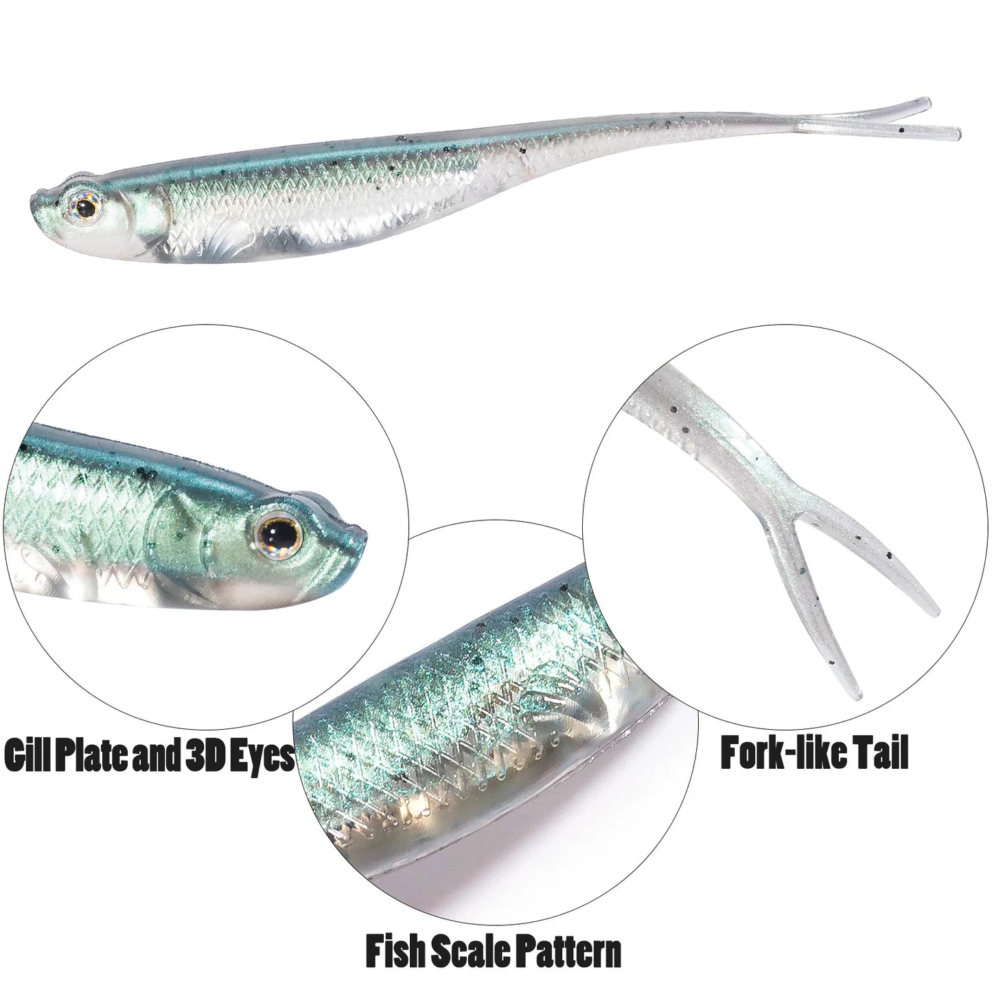 Dr.Fish 5/6pcs Soft Fishing Lures — Saltwater Silicone Fork Tail Drop Shot Baits for Bass, Trout, Pike, Walleye, Weedless