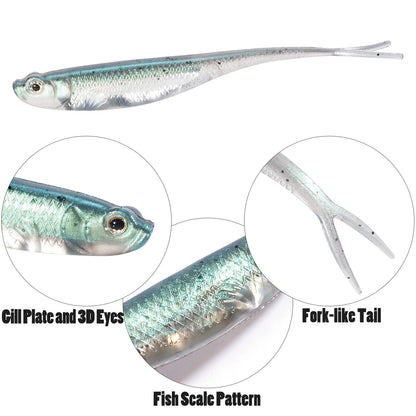 Dr.Fish 5/6pcs Soft Fishing Lures — Saltwater Silicone Fork Tail Drop Shot Baits for Bass, Trout, Pike, Walleye, Weedless