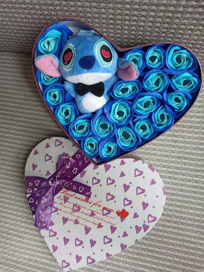Disney Lilo & Stitch Plush Doll with Rose Bouquet – Gift Box & Flower Arrangement for Valentine’s & Christmas