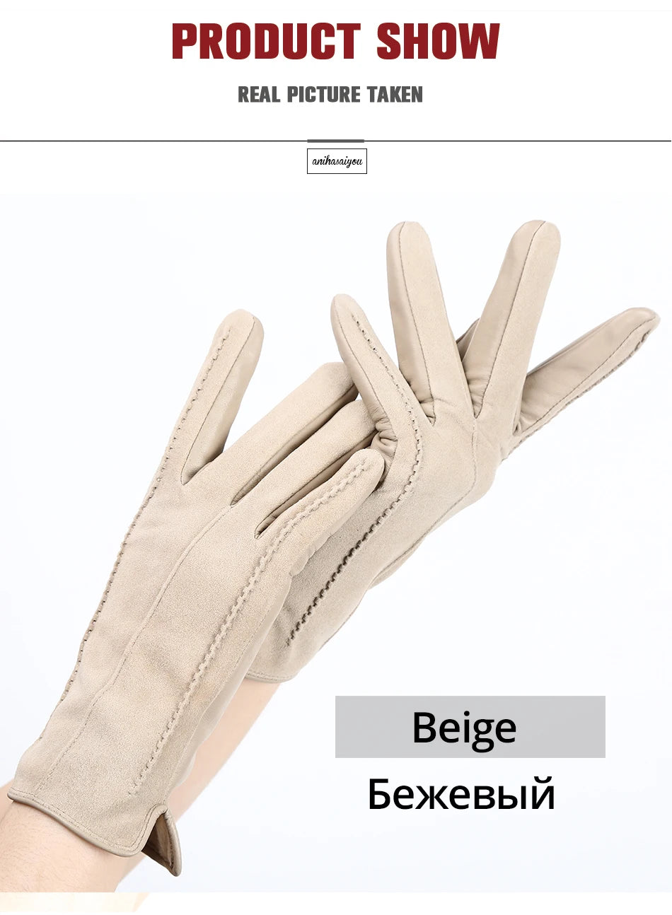 Women’s Winter Touch Gloves – 50% Genuine Leather & 50% Suede, Colorful Warm Leather Gloves