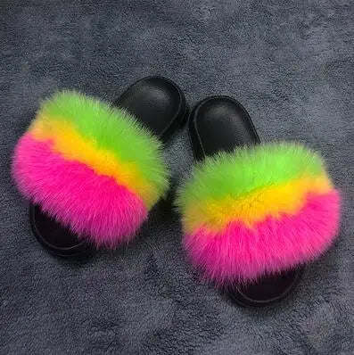 Girls’ Luxury Fluffy Fur Slippers – Warm Plush Indoor Flip Flop Slides for Women, New Arrival