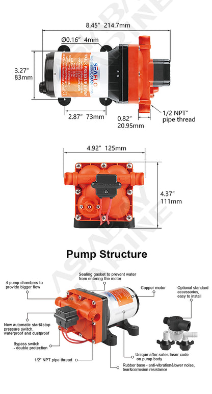 SEAFLO 42 Series Diaphragm Water Pump – 3.0GPM, 55PSI, 12V Electric Pump for Yacht, Boat, Marine, RV, Caravan, High Pressure, 4 Chamber