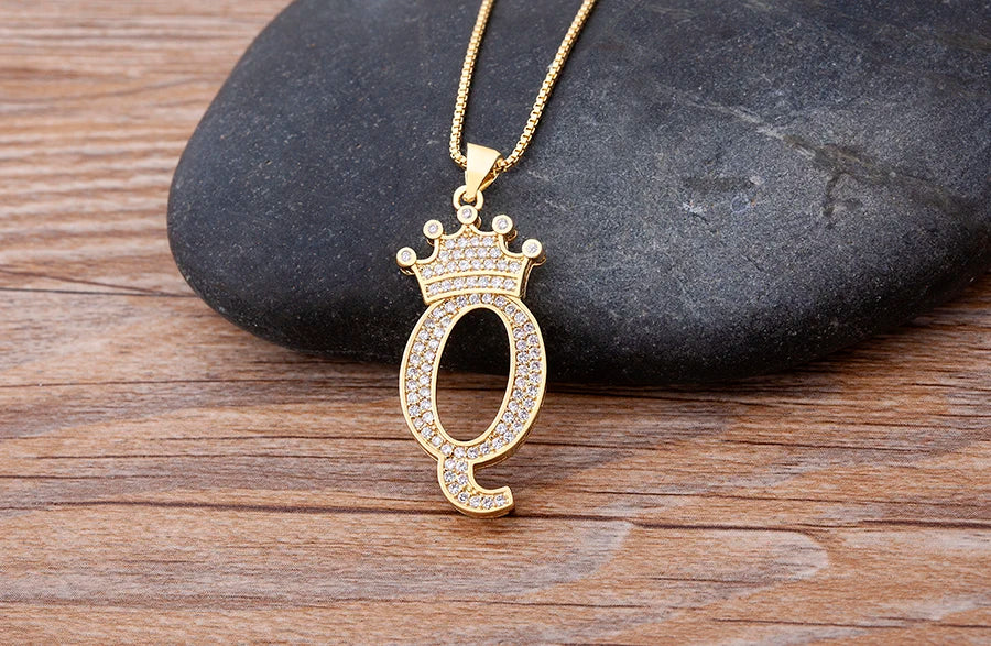Nidin Luxury A-Z Crown Alphabet Pendant – Copper Zircon Initial Necklace Chain, Hip-Hop Style Jewelry for Men & Women