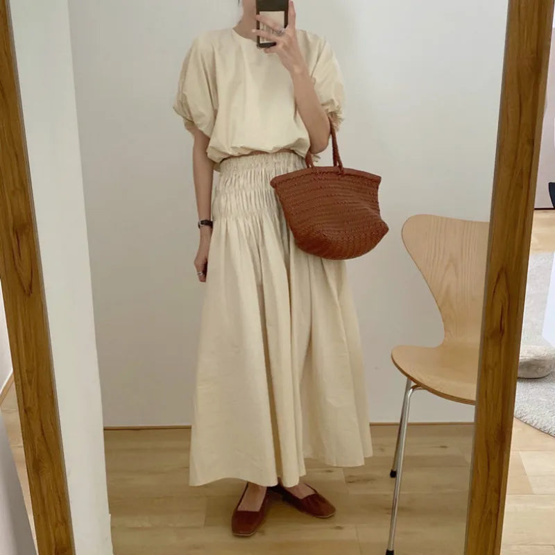 Oversized Summer Women’s 2-Piece Skirt Set – Puff Sleeve Crop Top & Pleated A-Line Long Skirt