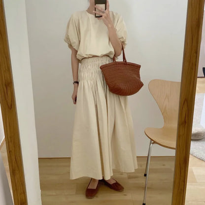 Oversized Summer Women’s 2-Piece Skirt Set – Puff Sleeve Crop Top & Pleated A-Line Long Skirt