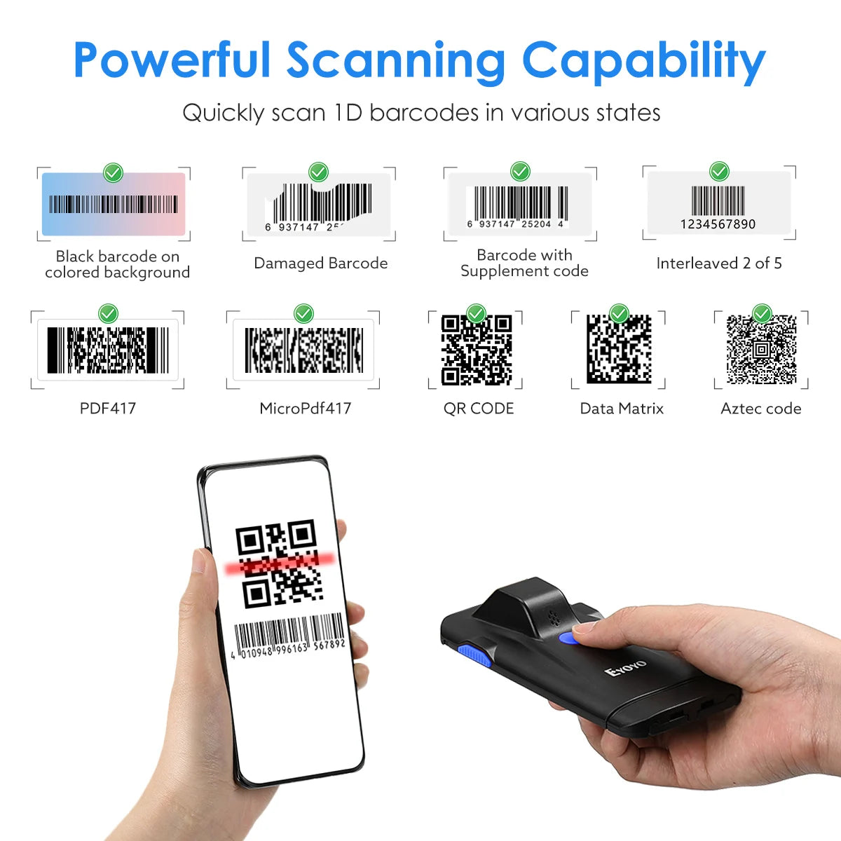 Eyoyo Bluetooth 2D Barcode Scanner - Portable 1D, 2D & QR Code Reader for Android and iOS