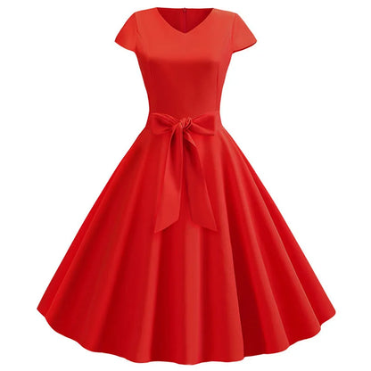 Women Vintage Summer Dress - V Neck Short Sleeve Swing Party Dress With Belt