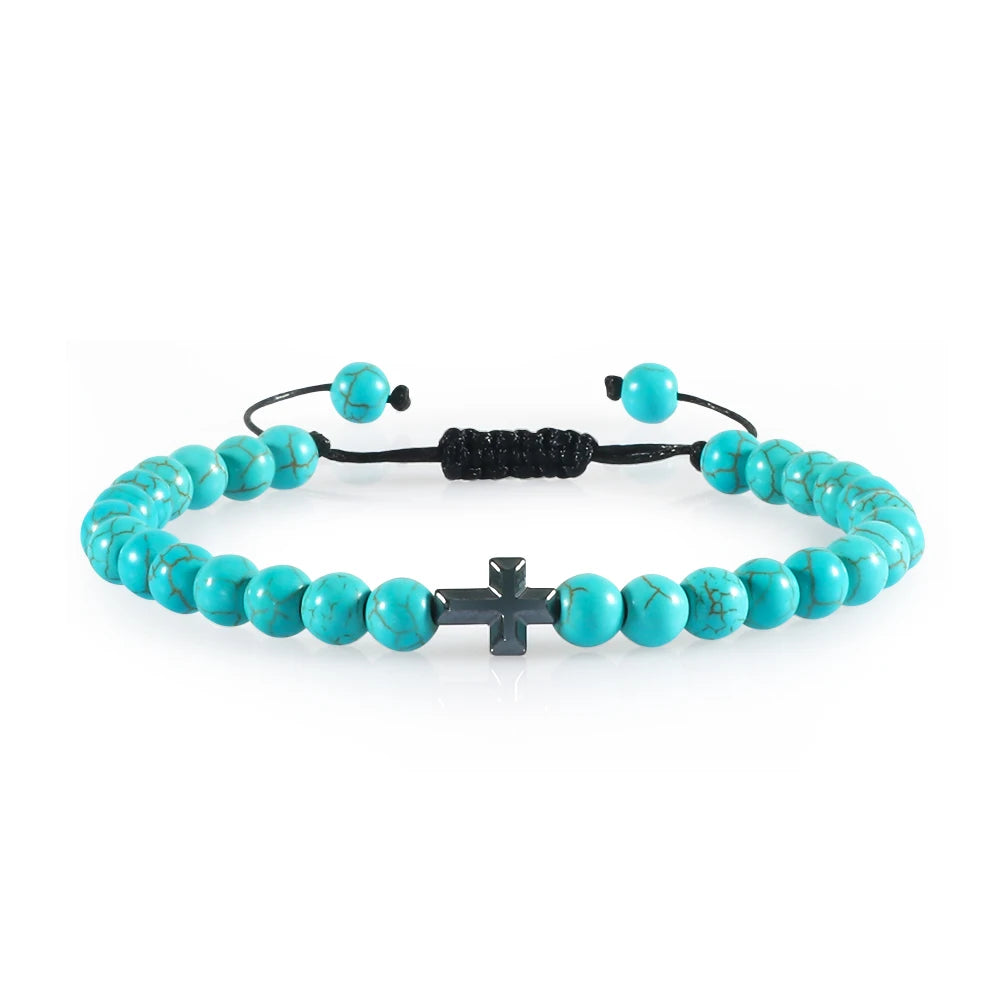 Natural Stone Bead Cross Bracelet - 6mm Braided Christian Prayer Jewelry with Jesus Charm for Men & Women