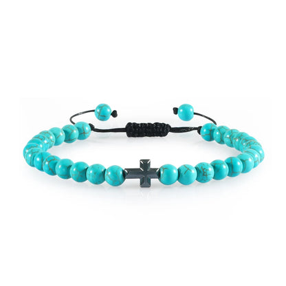 Natural Stone Bead Cross Bracelet - 6mm Braided Christian Prayer Jewelry with Jesus Charm for Men & Women