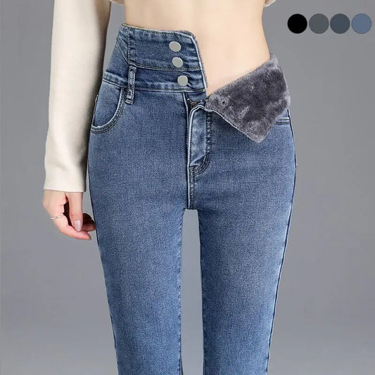Thermal Fleece-Lined High-Waist Skinny Jeans for Women - Warm Stretch Velvet Pencil Pants with Button Closure