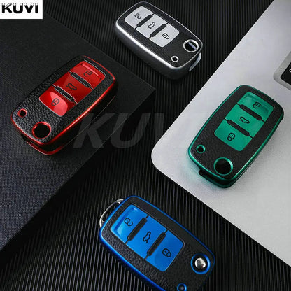 Leather TPU Car Key Case Cover for Volkswagen & Skoda – Fits Polo, Golf, Passat, Tiguan, Beetle, Caddy, T5, Up, Eos, Octavia, Seat Leon, Altea