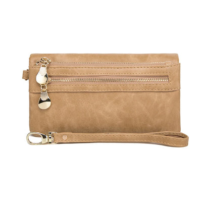 Large Capacity Women's Wallet – Dull Polish Leather, Double Zipper Clutch Wristlet with Phone, Coin & Card Holder Pockets