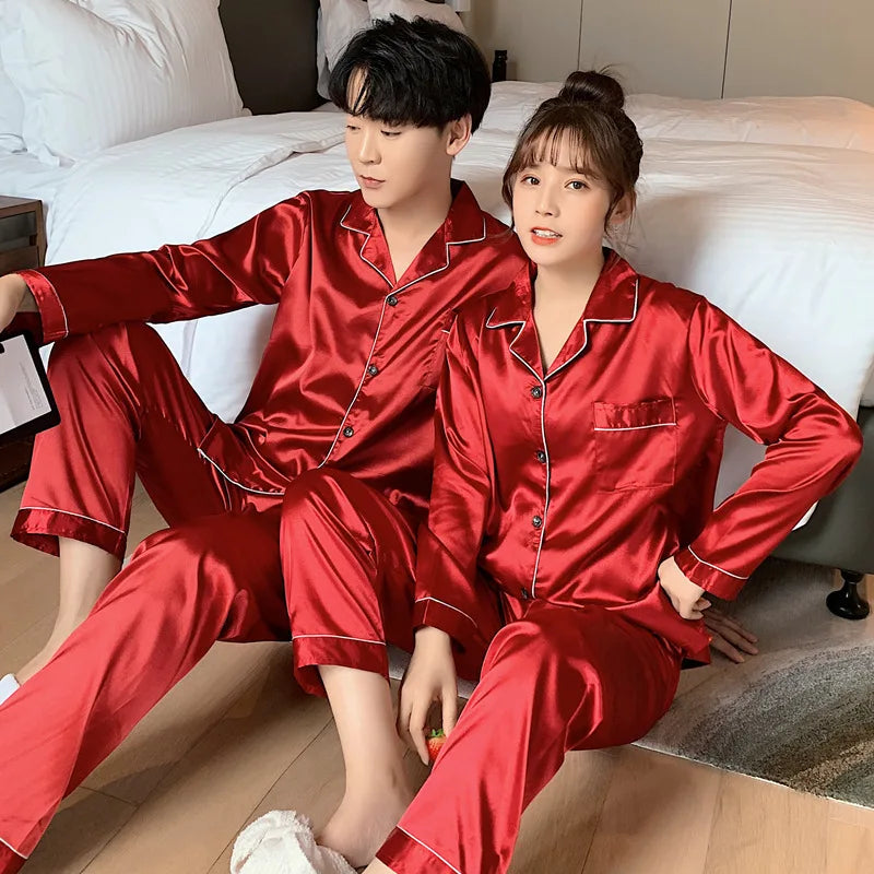 Solid Color Silk Satin Pajama Set – Long Button-Down Sleepwear for Couples, Women & Men Loungewear Plus Size