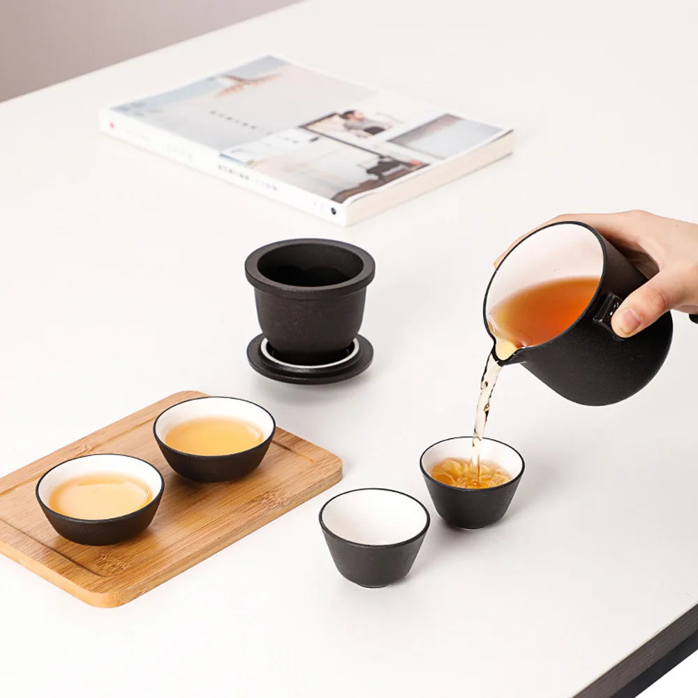 HMLOVE Ceramic Teapot Set – 1 Pot & 4 Cups Chinese Kung Fu Gaiwan with Strainers, 260ML Portable Travel Teaware Gift for Business
