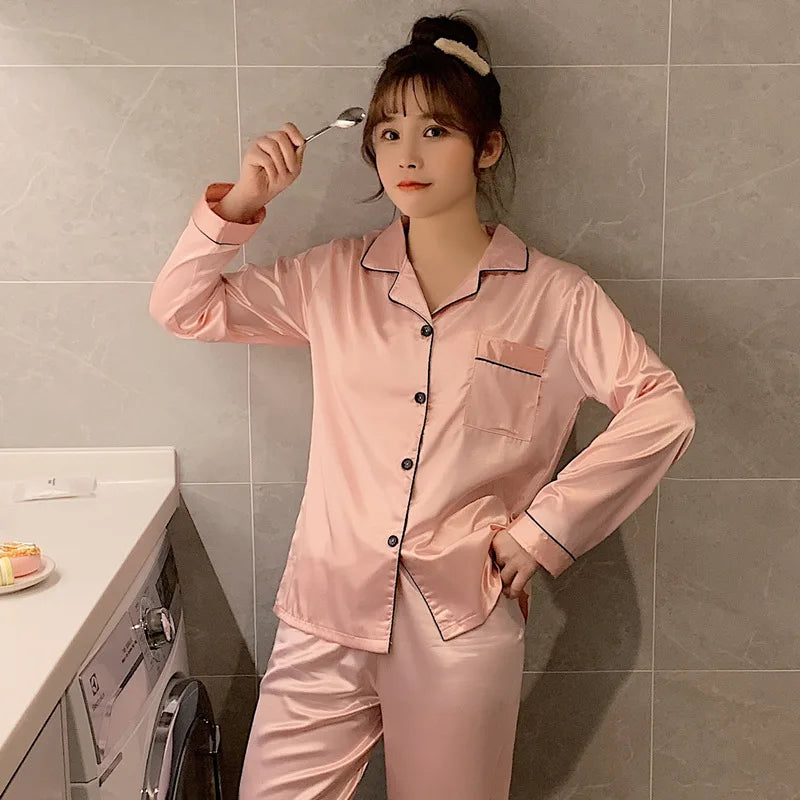 Solid Color Silk Satin Pajama Set – Long Button-Down Sleepwear for Couples, Women & Men Loungewear Plus Size