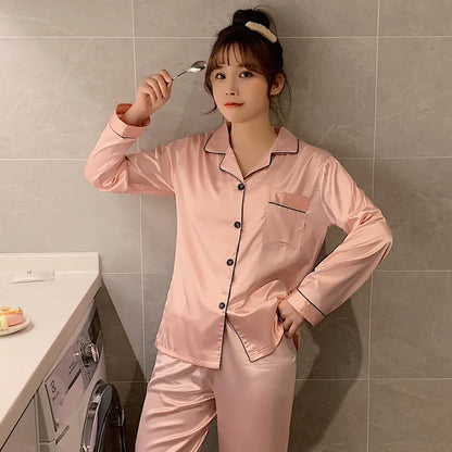 Solid Color Silk Satin Pajama Set – Long Button-Down Sleepwear for Couples, Women & Men Loungewear Plus Size