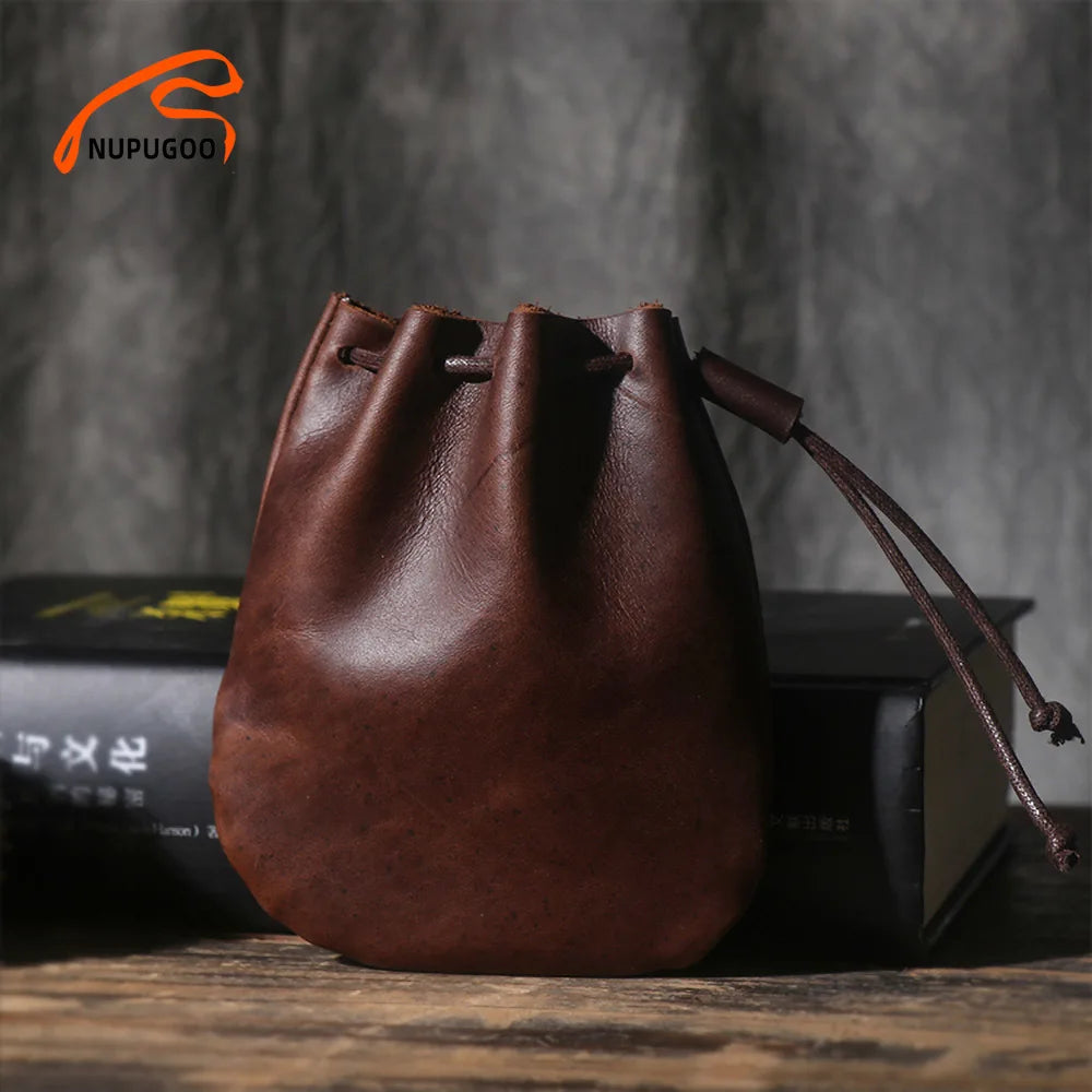 Vintage Genuine Leather Coin Purse: Casual Small Wallet for Men & Women - Hard Leather Money Pocket Drawstring Storage Bag by NUPUGOO