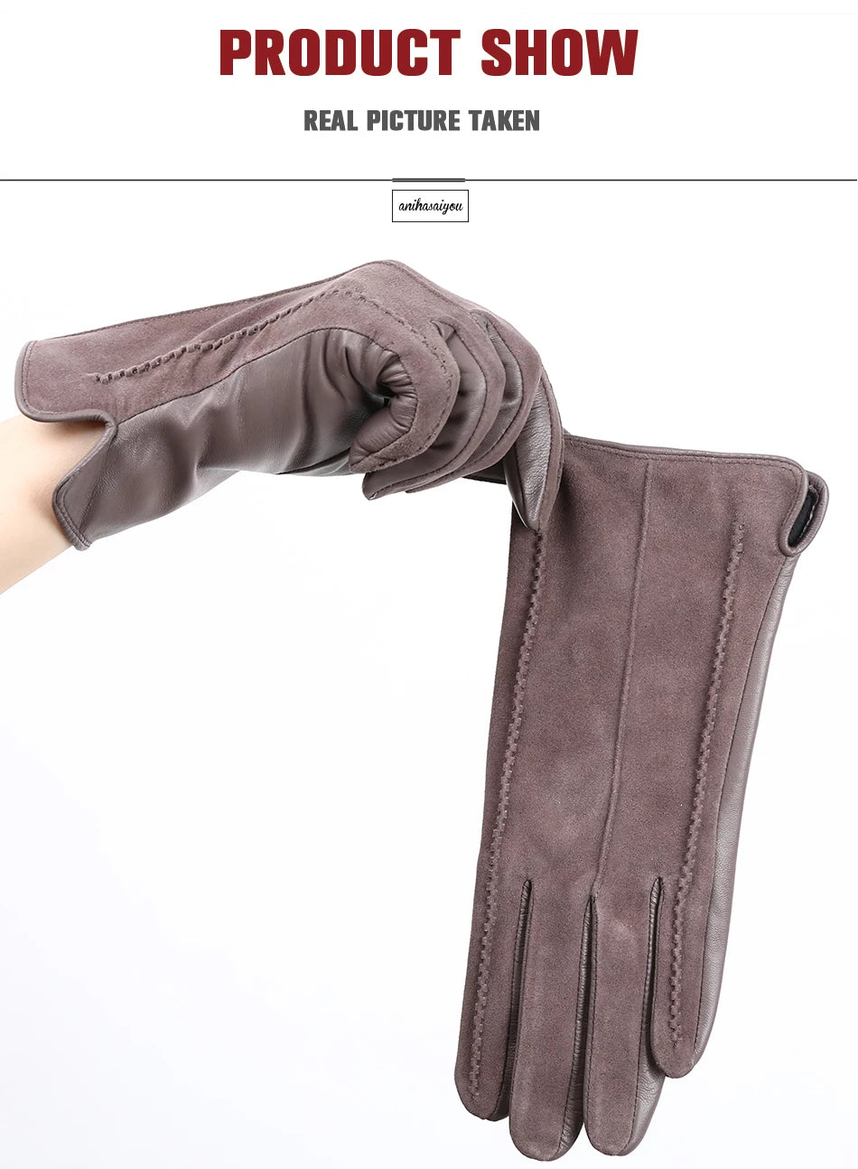 Women’s Winter Touch Gloves – 50% Genuine Leather & 50% Suede, Colorful Warm Leather Gloves