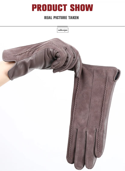 Women’s Winter Touch Gloves – 50% Genuine Leather & 50% Suede, Colorful Warm Leather Gloves
