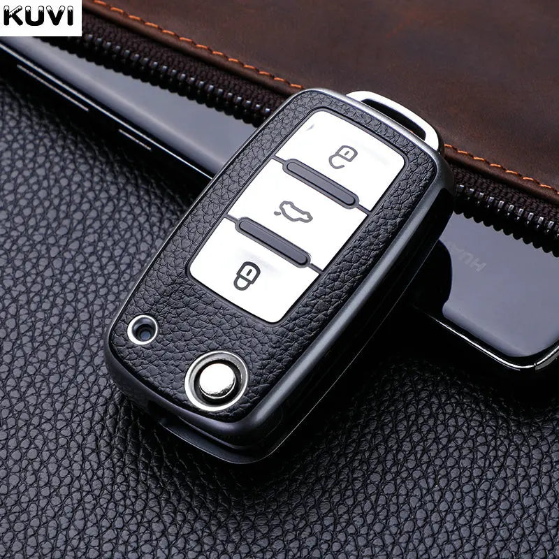 Leather TPU Car Key Case Cover for Volkswagen & Skoda – Fits Polo, Golf, Passat, Tiguan, Beetle, Caddy, T5, Up, Eos, Octavia, Seat Leon, Altea