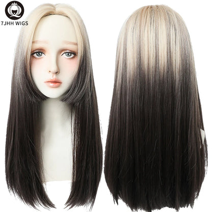 7JHHWIGS Long Straight Light Brown Synthetic Wig with Bangs – Heat-Resistant Daily Wear Wig for Women