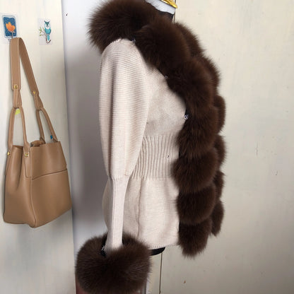 Women’s Spring & Autumn Sweater Cardigan – Real Fox Fur Collar Jacket, Natural Fur Outerwear