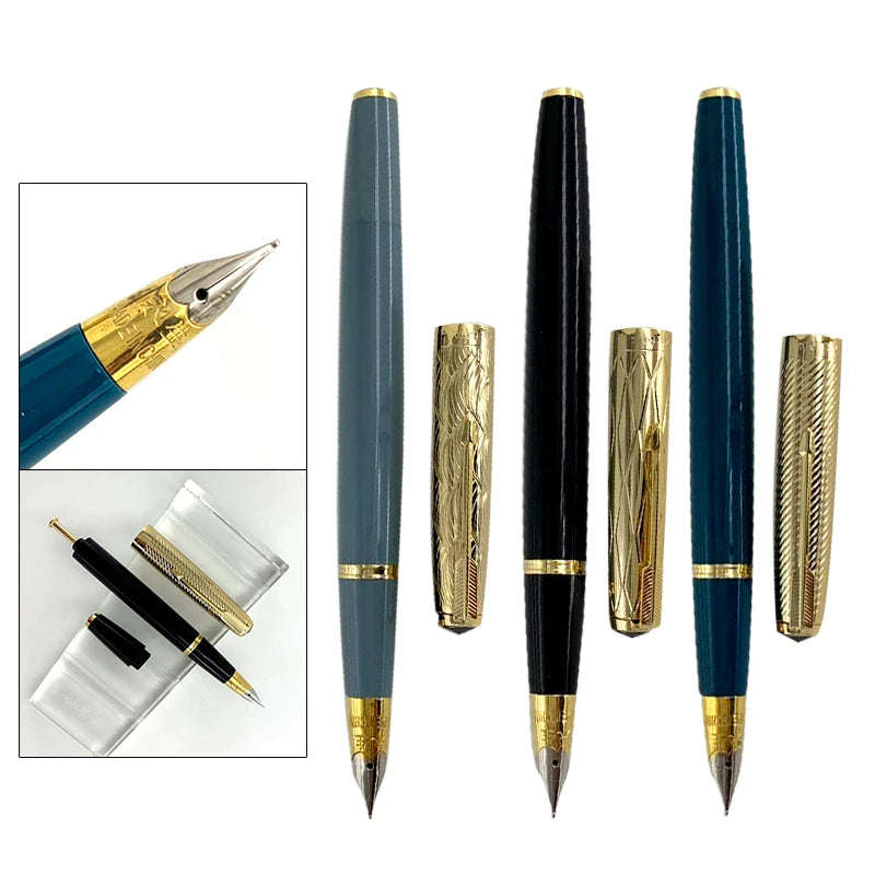 Yong Sheng 601A Wave Fountain Pen – Golden Cap, Fine Nib, Dark Blue Vacumatic, Luxury Gift for Office