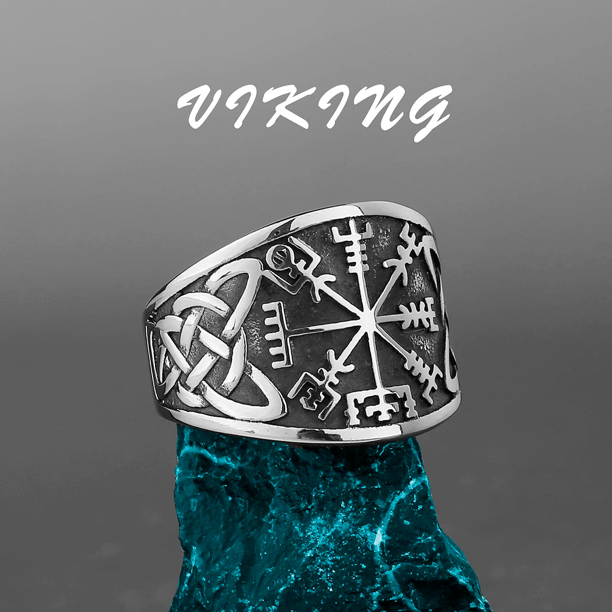 Nordic Viking Stainless Steel Ring - Compass Tree of Life Rune Wolf Amulet Jewelry for Men & Women
