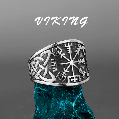Nordic Viking Stainless Steel Ring - Compass Tree of Life Rune Wolf Amulet Jewelry for Men & Women