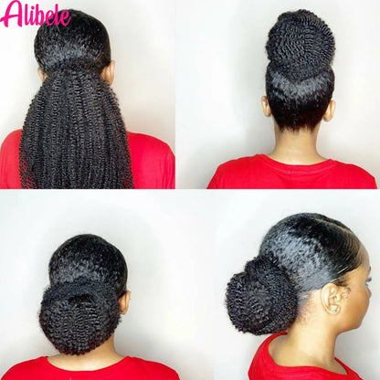 Alibele Mongolian Afro Kinky Curly Drawstring Ponytail – 4B/4C Remy Human Hair Extensions 10-28 Inch Clip-In