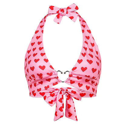Pink Heart Print Bustier Crop Top for Women – Kawaii Aesthetic Lace-Up Backless Bralette Camisole Sleeveless Fashion Top