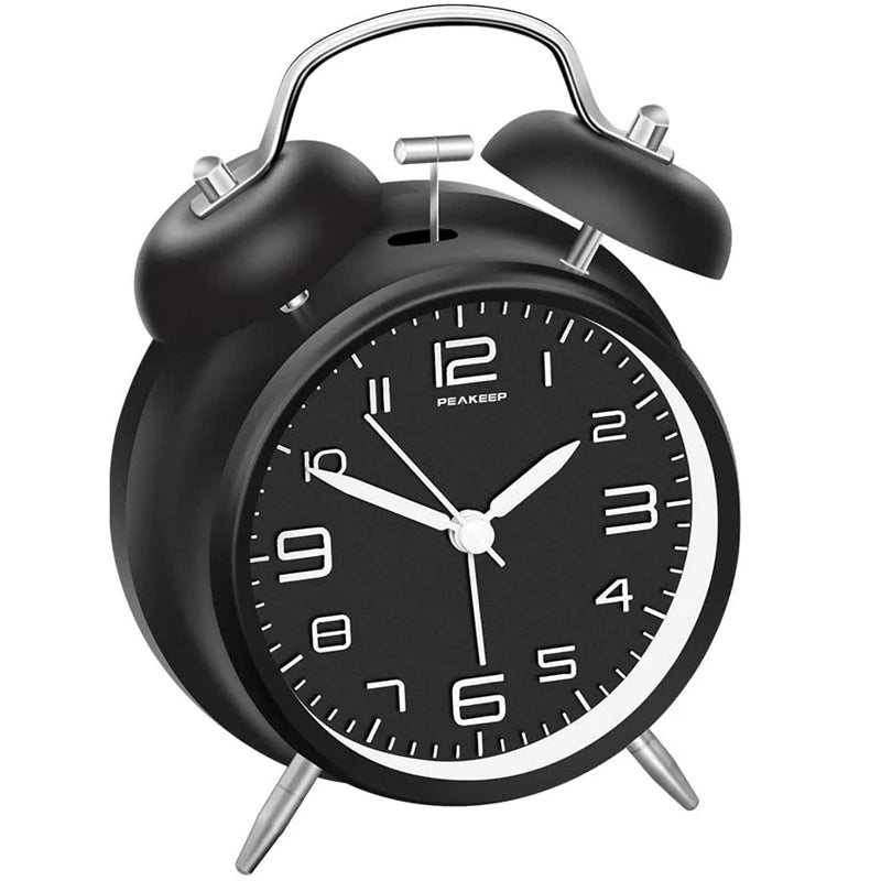 4 Inch Twin Bell Metal Alarm Clock – Loud Mechanical Desk Clock with Backlight 3D Dial, Battery Operated for Home & Office Use