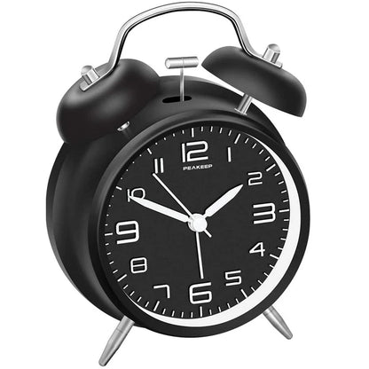 4 Inch Twin Bell Metal Alarm Clock – Loud Mechanical Desk Clock with Backlight 3D Dial, Battery Operated for Home & Office Use
