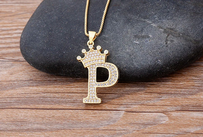 Nidin Luxury A-Z Crown Alphabet Pendant – Copper Zircon Initial Necklace Chain, Hip-Hop Style Jewelry for Men & Women