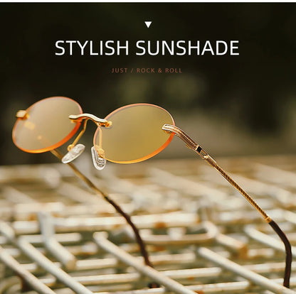 Retro Oval Rimless Sunglasses – Blue Mirror Gold Metal UV400 for Men & Women
