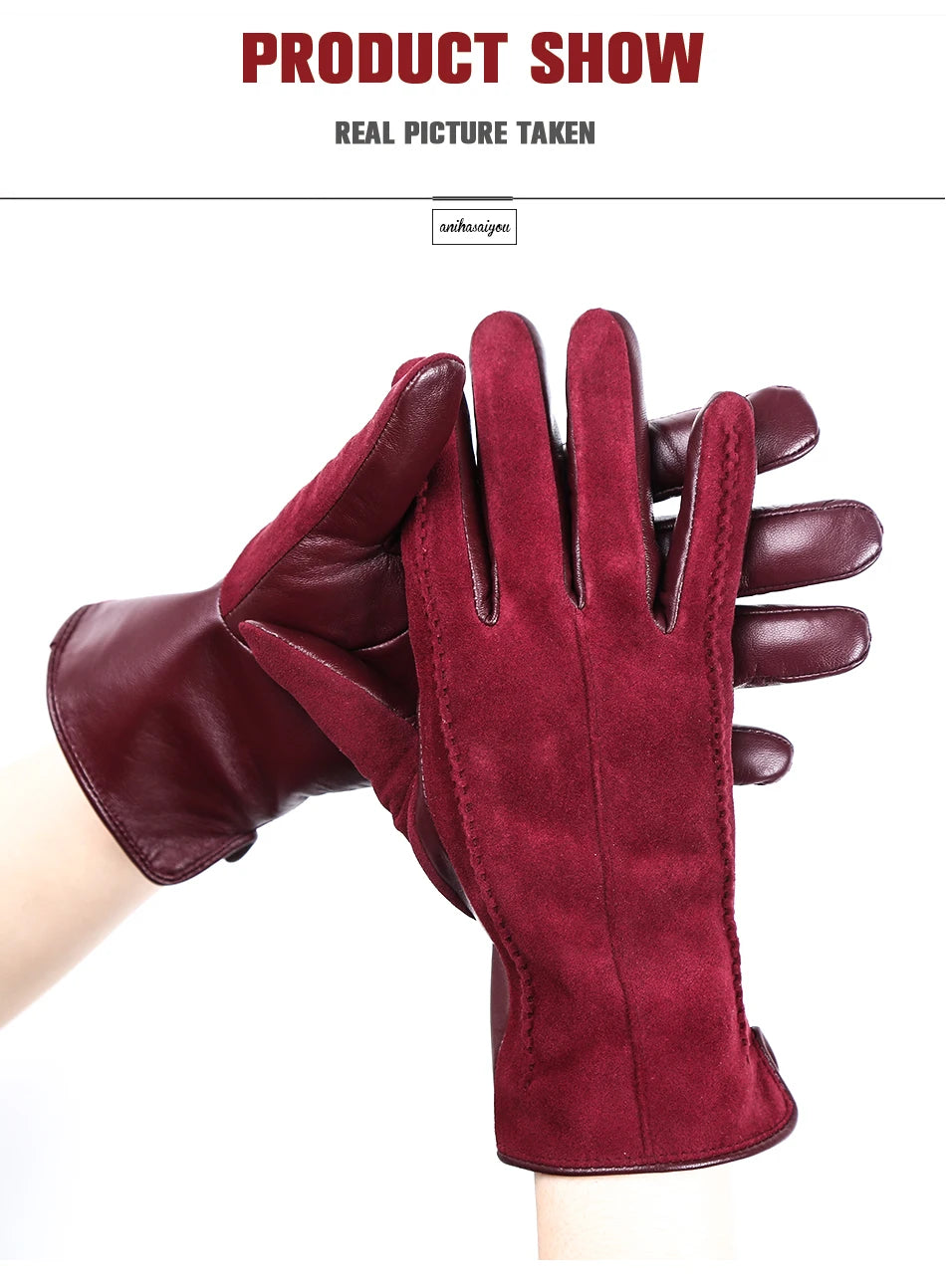 Women’s Winter Touch Gloves – 50% Genuine Leather & 50% Suede, Colorful Warm Leather Gloves