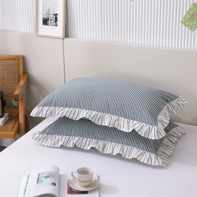 2 Pack 48x74cm Plaid Washed Cotton Pillowcases – Super Soft Ruffled Bedding Covers for Home & Dorm Decor
