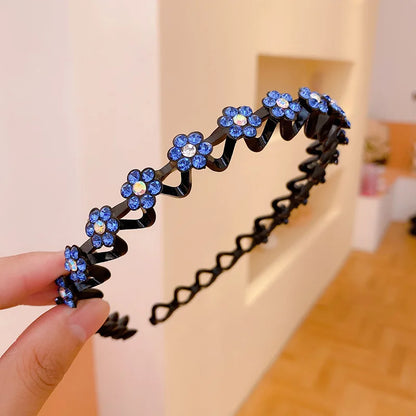 Rhinestone Pearl Flower Hairband - Non-Slip Elastic Headband for Women & Girls