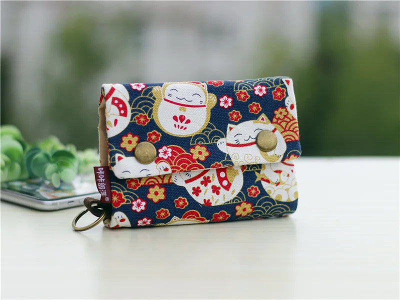 Handmade Three-Fold Fabric Wallet — Short Zipper Purse for Women & Men, Multi-Function Card & Key Holder for Teens
