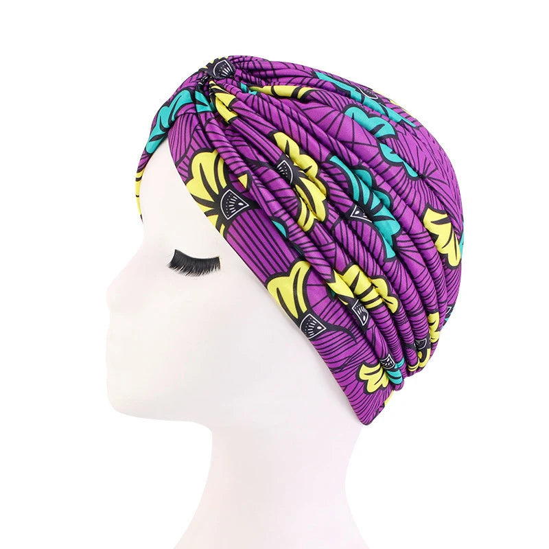 African Print Turban Head Wrap - Soft Stretch Twisted Pleated Beanie Bonnet for Women, Headtie & Chemo Cap