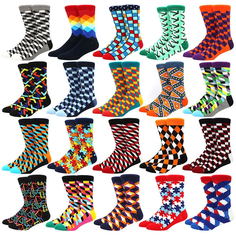 Men’s Funny Argyle Diamond Pattern Cotton Socks – Large Size 3D Geometric Crew Tube Socks, Combed Cotton Casual Novelty Socks