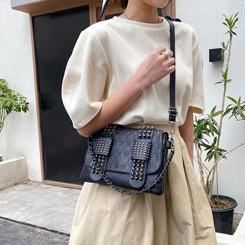 Vintage Skull Rivet PU Leather Shoulder Bag — Women’s Black Crossbody Flap Messenger Handbag