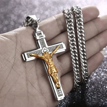 Vintage Jesus Cross Pendant Necklace – Catholic Christian Amulet Jewelry for Men & Women Religious Prayer Gift